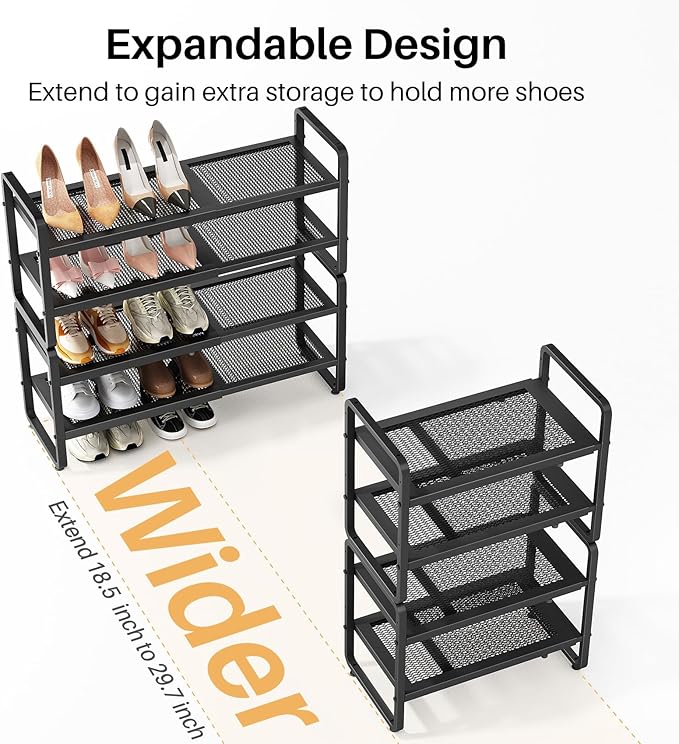 Shoe Rack - Expandable Shoe Organizer for Closet, Adjustable Metal Shoe Shelf Storage, Stackable Long Shoe Stand Holder for Garage, Entryway, Door Entrance (Black, 4-Tier)