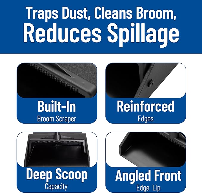 SPARTA Plastic Dust Pan, Upright Pan With 2 Piece Handle For Cleaning, 11 X 12 X 3.5 Inches, Black