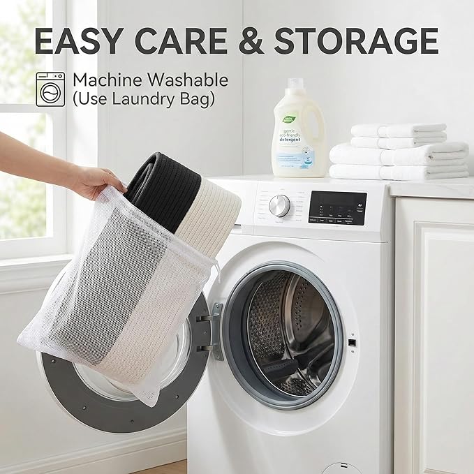 115L Extra Large Blanket Basket for Living Room - Woven Cotton Rope Laundry Hamper with Reinforced Handles - Storage Bin for Pillows, Comforters & Toys - Machine Washable,White&Black