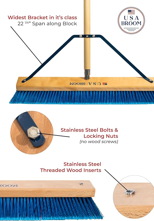 1-Pack - 24" Blue Everyday Sweep Indoor/Outdoor Push Broom with 60" Handle. Ideal for Garages & Shops. Durable American Made Steel Brackets-All Stainless Steel Hardware. No Plastic. 100% USA Made