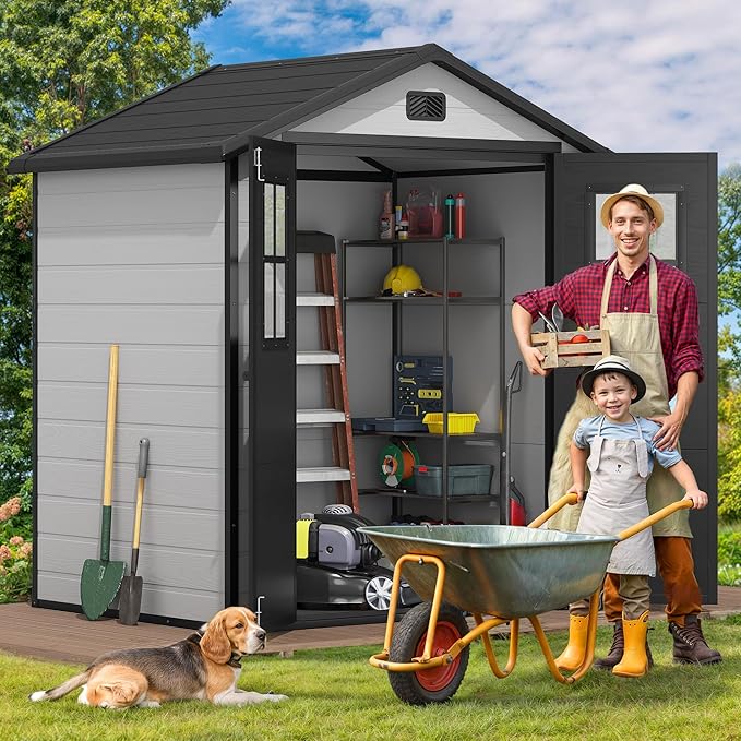 DWVO 6x4.4 FT Outdoor Storage Shed, Plastic Garden Tool Shed with 2 Windows, Double-Wall Outside Shed for Lawn Mower, Garden Tool for Backyard, Patio, Lawn