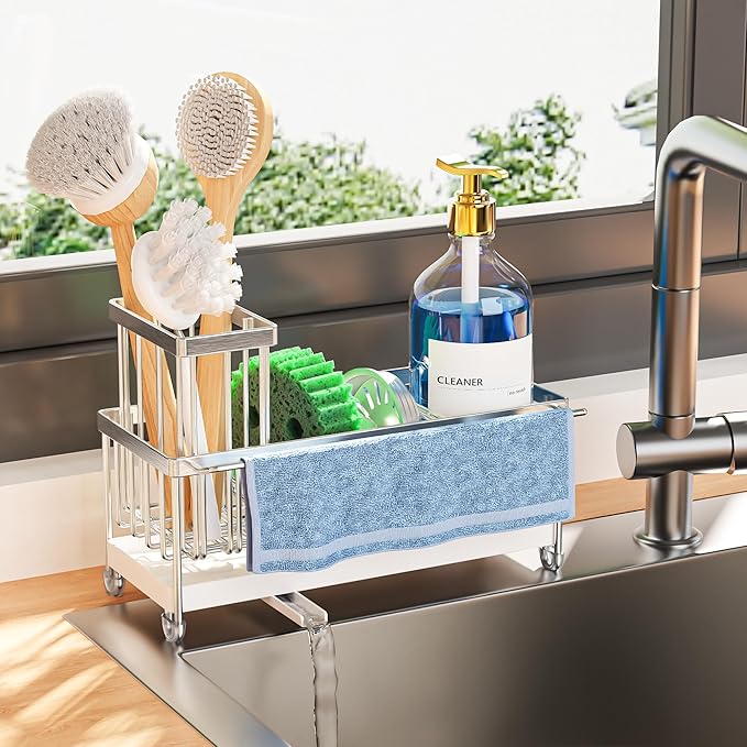 Cisily Sponge Holder for Kitchen Sink, Sink Caddy Organizer with High Brush Holder, Kitchen Countertop Organizers and Storage Essentials, Rustproof 304 Stainless Steel (Silver With Towel Rack, 9.25″)