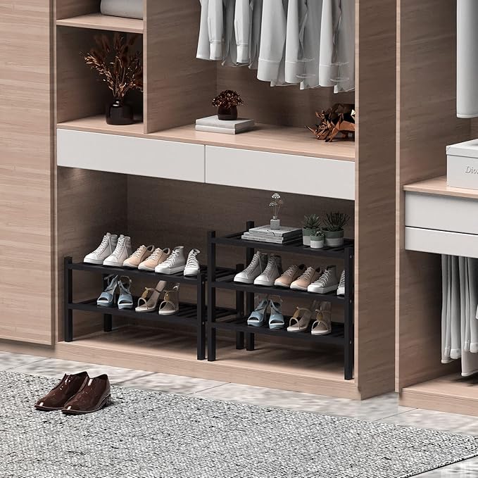 2 Tier (Thick) Bamboo Shoe Rack for Closet Free Standing Wood Shoe Shelf for Entryway Small Space Stackable 27"x12"x14" (Black)
