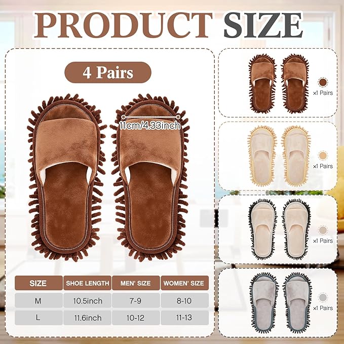 Jecery 4-Pair Washable Microfiber Mop Slippers - Detachable Dusting Shoes for Floor Cleaning, Office & Home Use - Suitable for Women & Men(Blue, Brown, Beige, White,L Size)