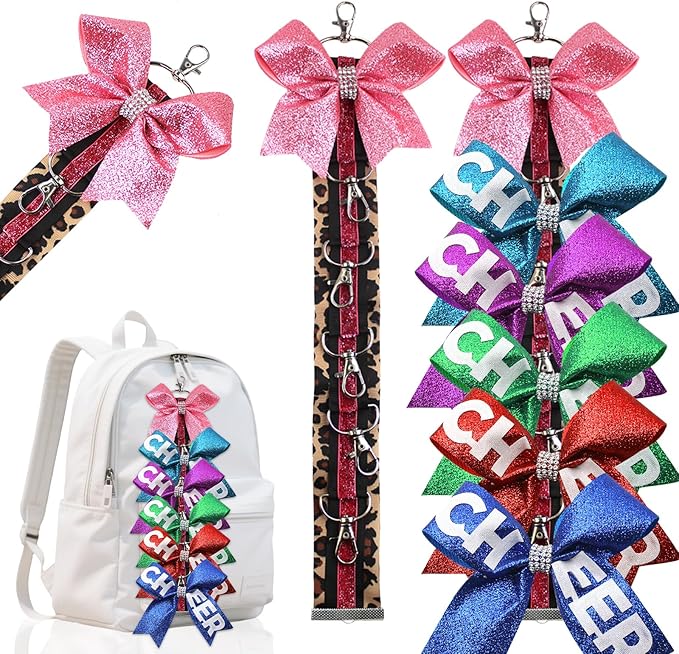 Pink Cheer Bow Keychain Holder for Backpack – Leopard Print Glitter Bow Hanging Chain with Hooks – Cheer Bow Organizer Strap Cheer Gifts Bow Holder Teen s Cheerleading Team Sports Gift