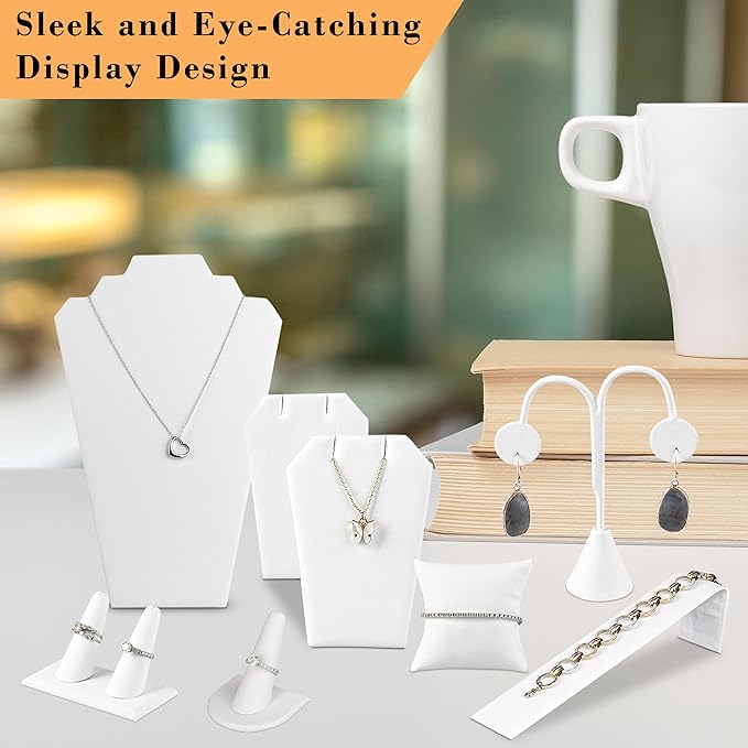 Novel Box White Leatherette 11 Pieces Jewelry Display Set for Necklaces, Bracelets, Rings, Earrings, Pendants & Watches - Jewelry Displays Sets for Selling or Personal Use