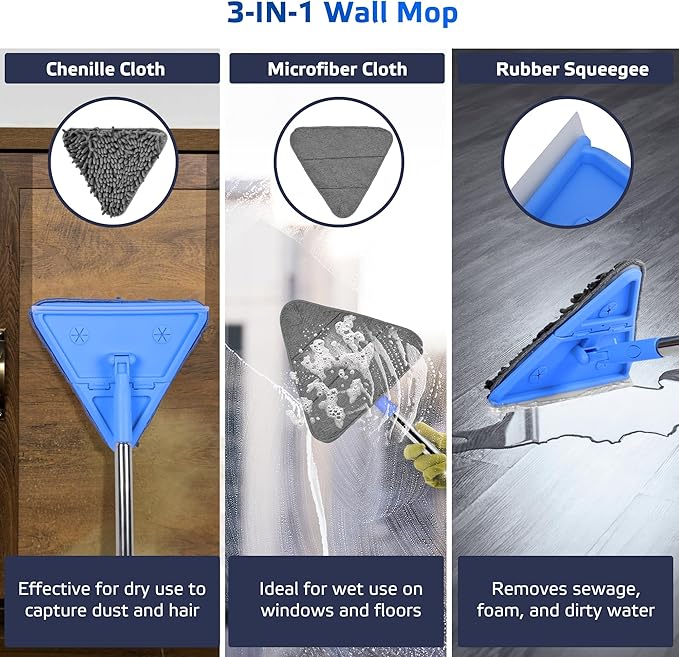DSV Standard Wall Mop, 77 Inches Long Handle Wall Cleaner with Squeegee, 3-in-1 Wall Cleaner Mop with 3 Microfiber and 3 Chenille Pads, 360° Wall Cleaning Tool for Ceiling, Baseboard, Window, Floor