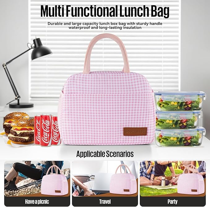 Lunch Bag Women/Men Lunch Box Women/Men (Pink+White Grid)