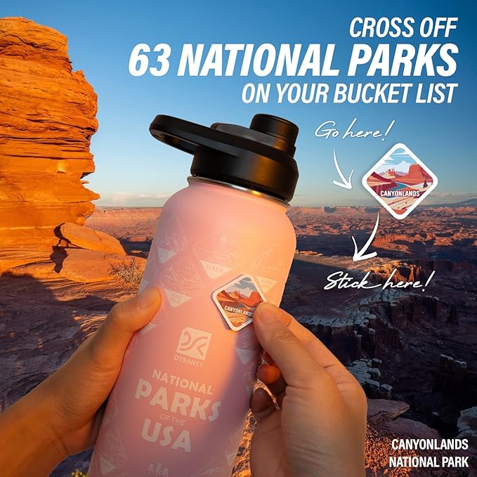 National Parks Water Bottle – 40 oz Insulated Stainless Steel Bottle with 63 Hand-Drawn Park Stickers, Carrier Bag, Strap & Gift Box – BPA-Free – Ideal for Hiking, Camping & Travel
