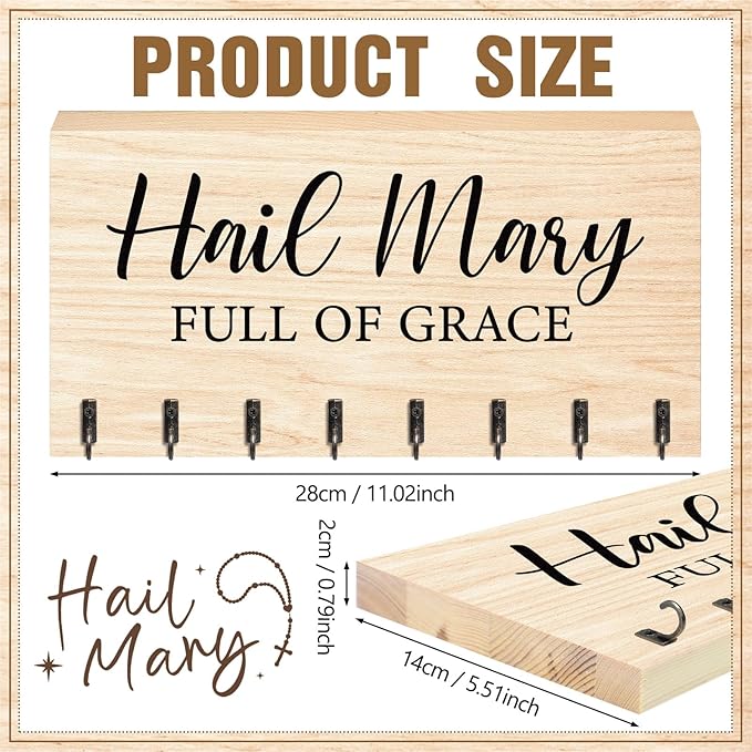 Large Wooden Rosary Holder Wall Mounted with 8 Hangers Catholic Rosary Storage Organizer Decorative Hanger Holder for Necklace, Bracelet Prayer Storage (Natural)