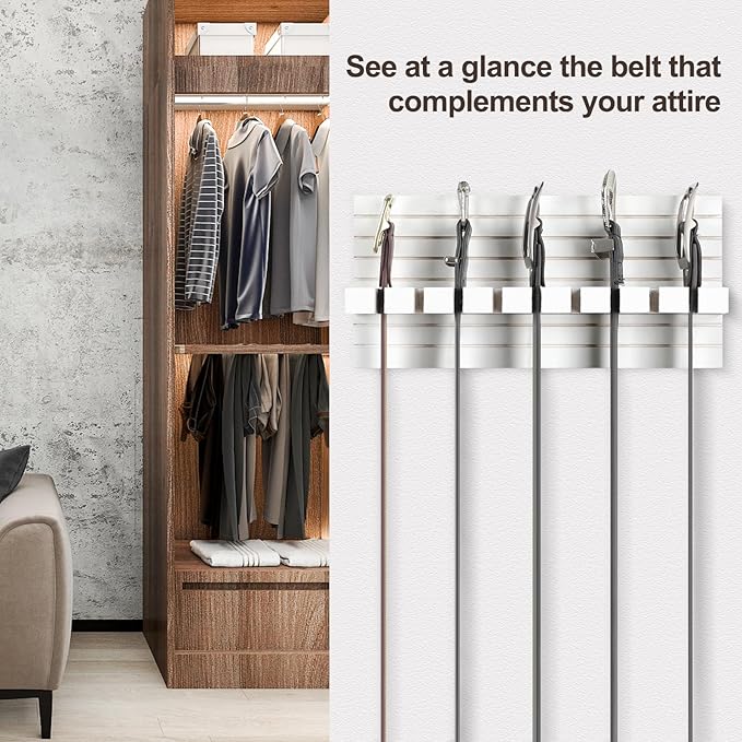 Belt Organizer for Closet, Belt Hanger Wall Mounts to Hold 9 Belts without Slipping, Space Saving Belt Rack for Closet Organization includes Mounting Hardware (11.8” x 5.5” x 2.5”) (White)