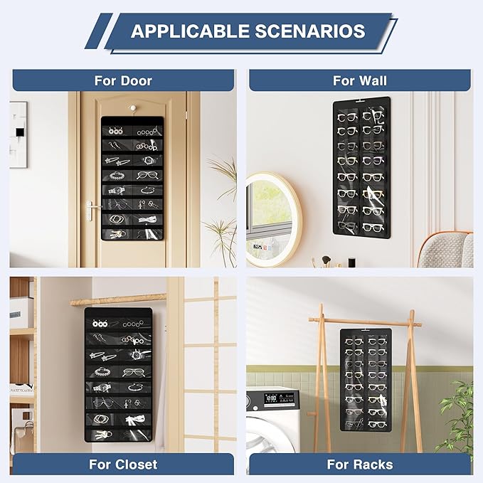Hanging Sunglasses Organizer and Storage, Dual-Sided Sunglasses Case and Jewelry Holder, Wall-Mounted, 32 Clear Slots, Dust-Proof, Roof Design for Travel, Black