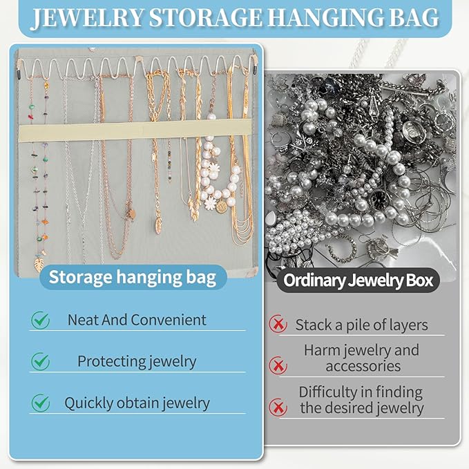 GMAK Hanging Jewelry Organizer with Hanger Metal Hooks, Double-Sided Jewelry Holder Accessories Organizer Storage Roll for Jewelry, Earrings, Bracelets, Necklaces, Rings - Light Grey