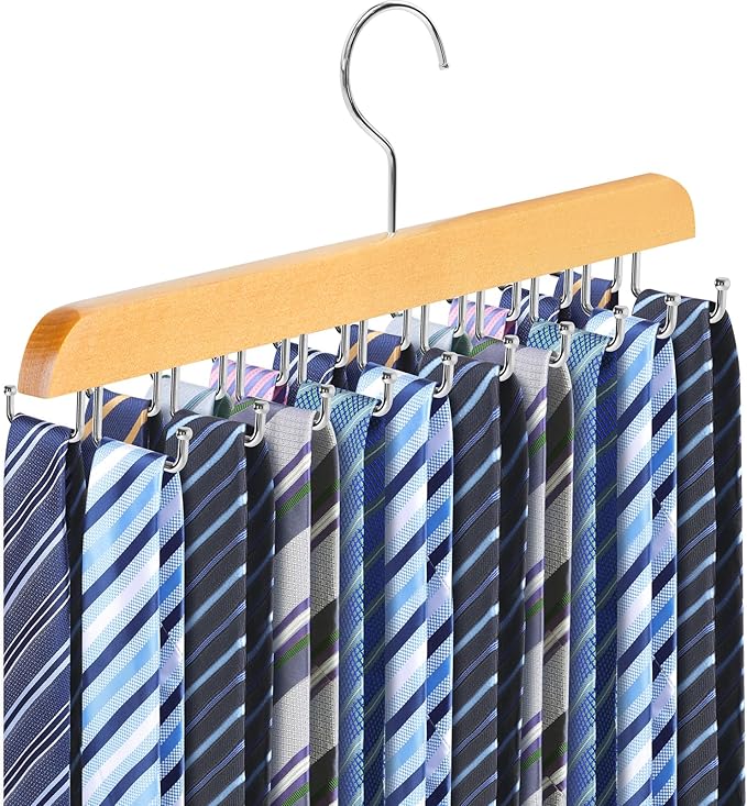 Tie Rack Belt Hanger for Closet Fitnice Upgraded Non Slip Tie Hanger Space Saving with 20 Foldable Hooks Wooden Belt Tie Organizer for Tank Tops Bras Cami Scarves