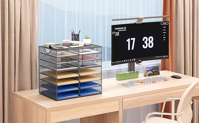 EasyPAG Paper Trays for Classroom 14 Tier Mesh Desk Organizer Shelves with Handle A4/Letter Size File Folder Organizer Shelf for Office, School, Home, Silver