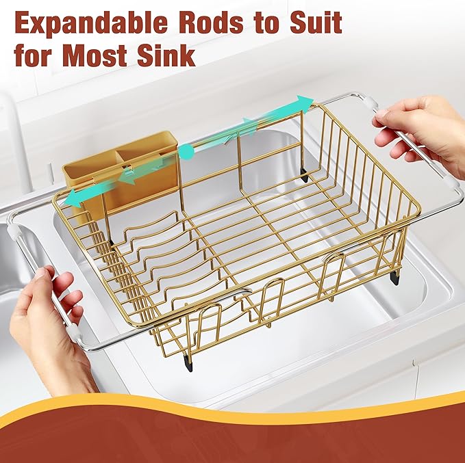 JASIWAY Sink Dish Drying Rack, Expandable Stainless Steel Dish Rack Over Sink, Kitchen Sink Drain Strainer with Cutlery Holder & Cup Holders, Space Saving Plates Dryer Rack, Gold