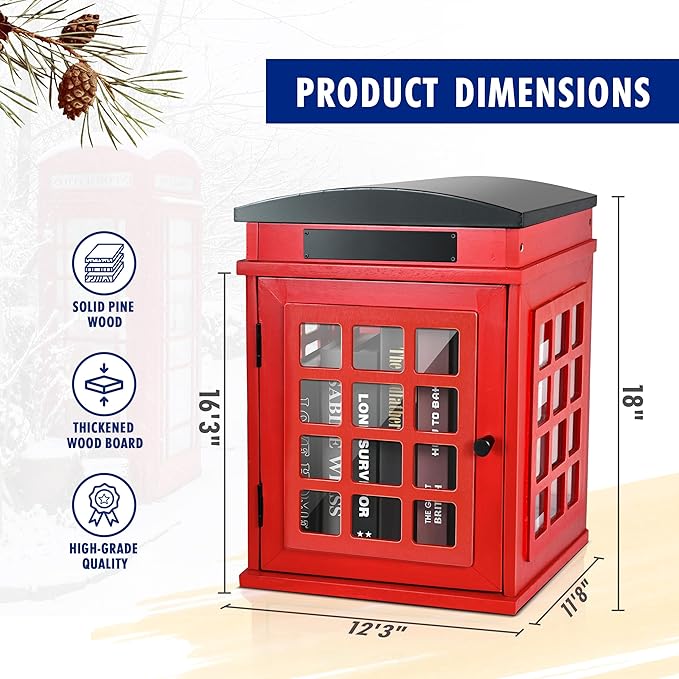 Outdoor Book Sharing Box, Waterproof Tin Roof Wooden Book Exchange Cabinet for Communities, Neighborhoods, and Schools, DIY Literature Storage for Books, Magazines, and Art (Red Tel. Booth)