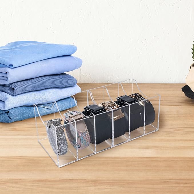 Sparkle Race Acrylic Belt Organizer for Closet Drawer, Clear Belt Rack Storage, 2pcs Belt Holder Display Case with 3 Compartments, Men Women Home Desktop Belt Box for Ties, Watches, Jewelry