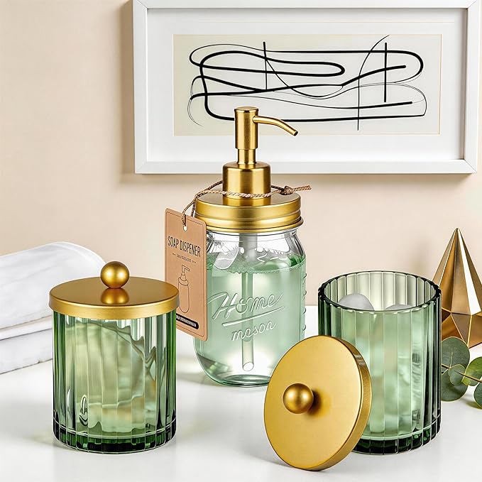 Amolliar Sage Green Glass Qtip Holder Dispenser, Bathroom Canister Apothecary Jar for Cotton Swabs, Cotton Balls, Round Pads, Floss Picks, Countertop Storage Organizer Container for Vanity,Gold 4 Pack