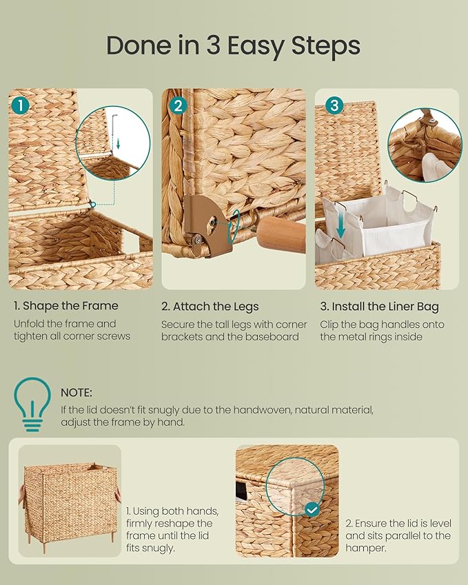 SONGMICS Laundry Hamper 3 Sections, 47.5 Gal. (180 L) Handwoven Water Hyacinth Wicker Laundry Basket with Lid, Natural Material, Removable Machine Washable Liners, Handles, Natural ULCB203Y01
