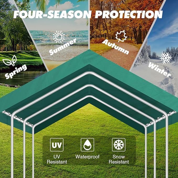 10x20FT Carport Canopy Replacement Cover Heavy Duty Waterproof & UV Protected, All Weather Car Shade Canopy with Ball Bungees (Green, 10'x20')