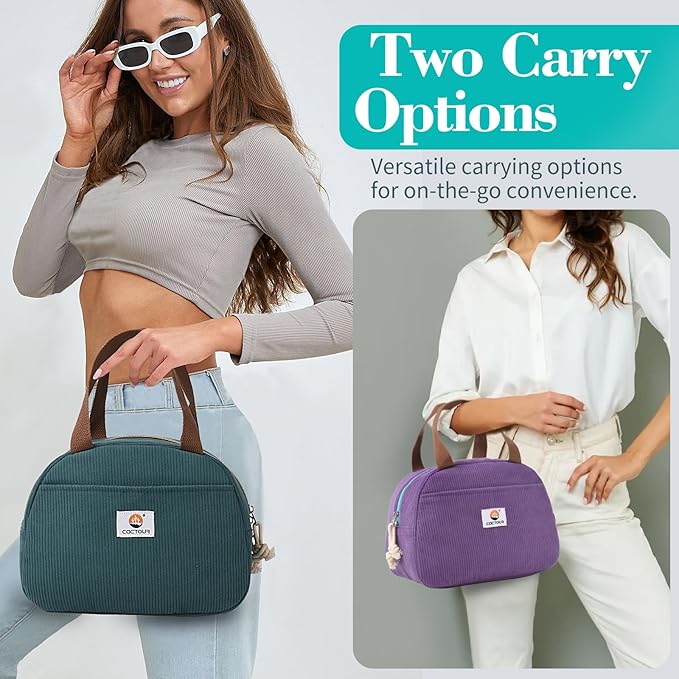 Lunch Box Lunch Bag for Women Girls Teens, Cute Lunch Box Cooler Bag, Portable Small Insulated LunchBox Reusable Corduroy Lunch Tote for Work/Travel/Picnic/School (Lake Green)
