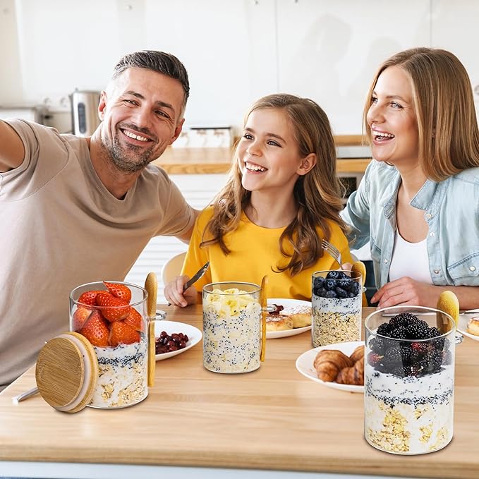 Overnight Oats Containers with Lids,16oz Overnight Oats Jars 4 Pack, Oatmeal Cups,Meal Prep Containers,Glass Meal Prep Containers with Lids,China Pudding Jars