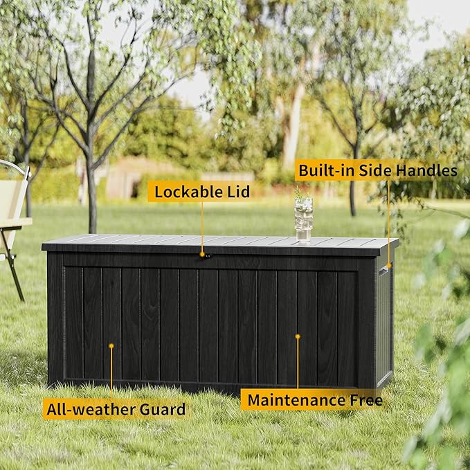 Outdoor Storage Deck Box Waterproof, 180 Gallon Large Lockable Patio Storage Bin Chest, Resin Outside Container Seat Bench for Furniture Cushions, Pool Accessories, Garden Tools & Delivery, Black