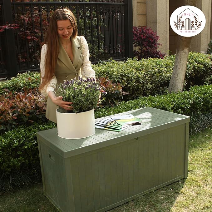 EHHLY 120 Gallon Outdoor Storage Box, Lockable Outside Storage Box Waterproof, Patio Cushions Deck Storage Boxes, Rattan Plastic Garden Hose Containers Resin Pool Storage Bins with lids, Sage Green