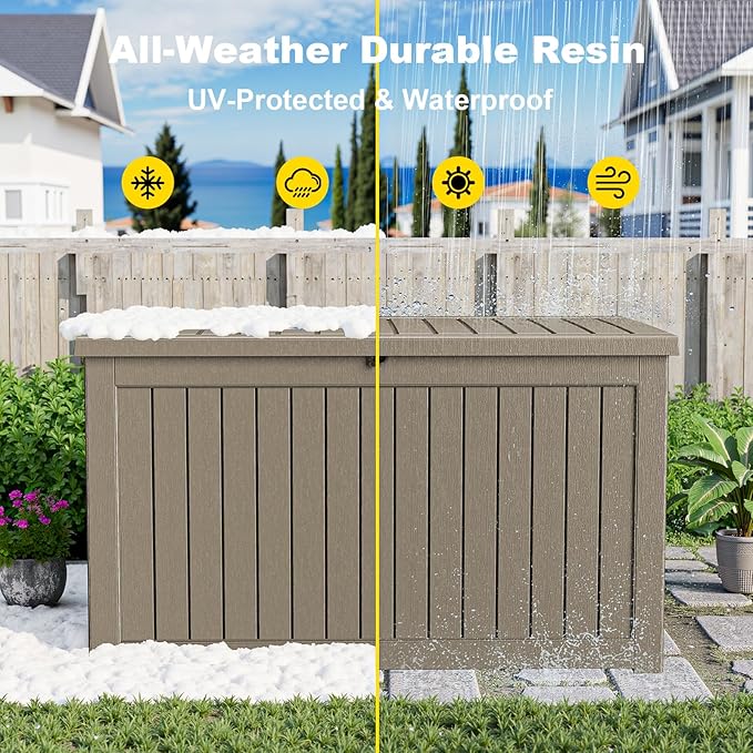 280 Gallon Outdoor Deck Box, Lockable Waterproof Outdoor Storage Boxes For Garden Tools,Indoor Cushions,Accessories Outside Storage Resin Weatherproof Container(Grey)