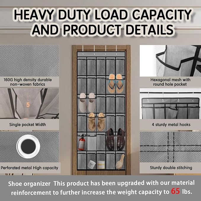 Over the Door Shoe Organizer with 30 Breathable Mesh Pockets - Large Capacity Closet Storage for Men & Women, Hanging Shoe Rack Organizer (2PC-Gray)