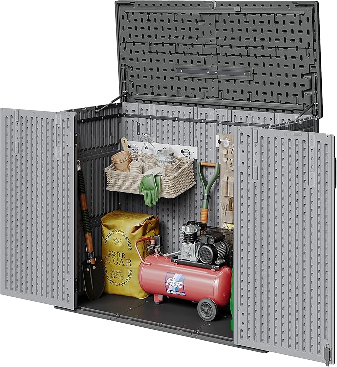 AOXUN Horizontal Storage Sheds 41 Cu.ft, HDPE Outdoor Storage Box 160 Gallon, Waterproof Lockable Resin Deck Box with Spring-Assisted Lid, Patio Storage for Garden, Pool, Cushions, Tools, Gray