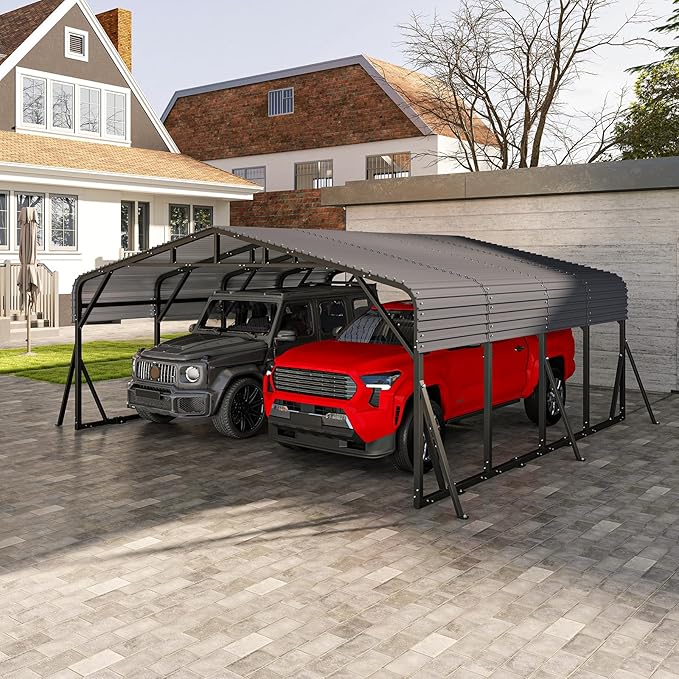 20x20FT Heavy Duty Metal Carport, Outdoor Portable Car Garage w/Reinforced Support Rods & Windproof Ground Anchors, All-Season Versatile Outdoor Shelter for 2 Car, Boats, Truck