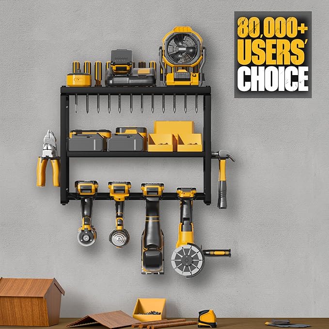 Heavy Duty Power Tool Organizer Wall Mount, 3-Layer Metal Rack with 4 Drill Holders, Garage Storage for Cordless Tools, Ultimate Christmas Gifts for Men, Husband, Dad, DIYers