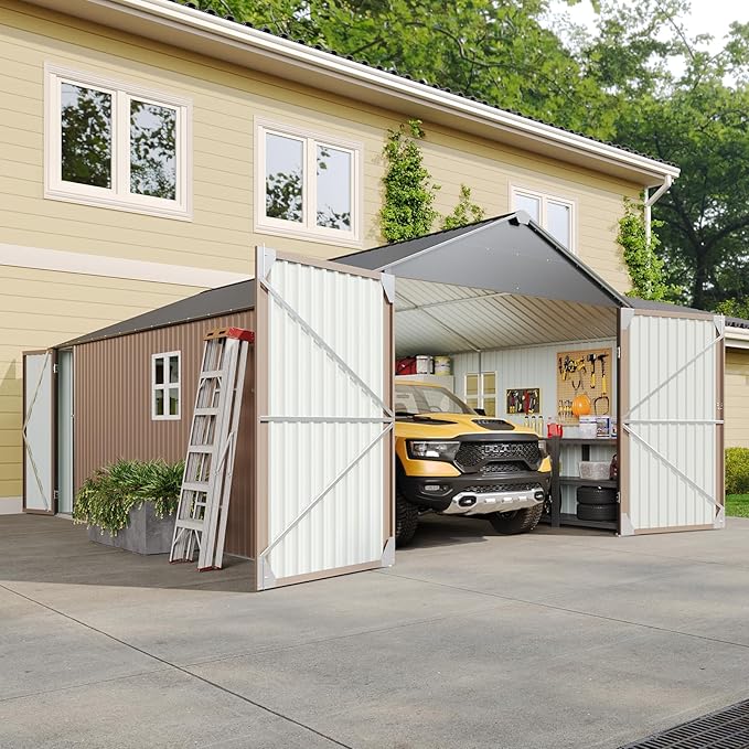Aoxun 12x20x9.3 FT Shed Outdoor Metal Garage Shed 1700 CUFT Extra Large Storage Shed for Vehicles & Sundries 11" Snow Load Double-Door All-Weather Garden Shed (Brown)