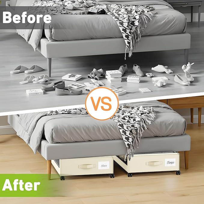 Under Bed Storage with Wheels, Under the Bed Storage Containers with Clear Lids & Label, Underbed Storage Bins, XXL 60L Rolling Metal Drawer for Clothes, Shoes, Toys, Books (4-Pack Beige)