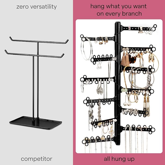 AllHungUp 12-Tier Wall Jewelry Organizer Wall Mounted Jewelry Organizer Necklace Holder Wall Mount Hanging Necklace Organizer Jewelry Hanger Wall Mounted Earring Holder Display Earring Organizer Black