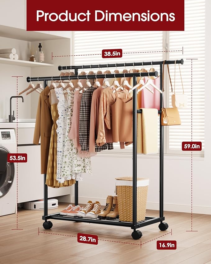 Metal Clothes Rack - Double Rod Clothing Rack with Fixed Extension Rod & Universal Wheels, Coat Rack with Built-In Shelf for Closet Organizers and Storage (38.5" x 16.9" x 59.0", Black)