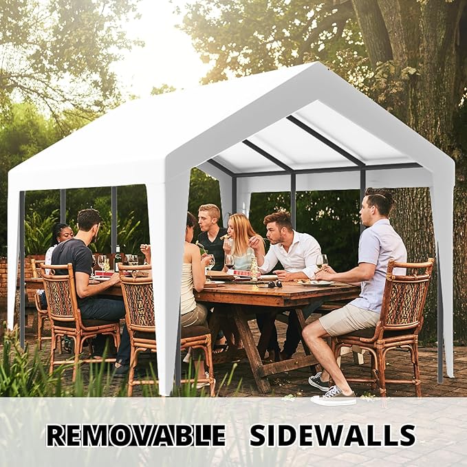 10x20 Carport, Heavy Duty Carports with Removable Sidewalls, Waterproof and UV-Resistant, Portable Outdoor Garage Shelter for Cars, Vehicles, and Boats (White)