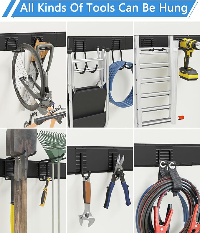 64" Heavy Duty Garage Tool Organizer Wall Mount with 10 Adjustable Metal Hooks, Storage Rack for Garage Organization, Garden Tools, Yard, and Shed Storage, Holds up to 660 lbs
