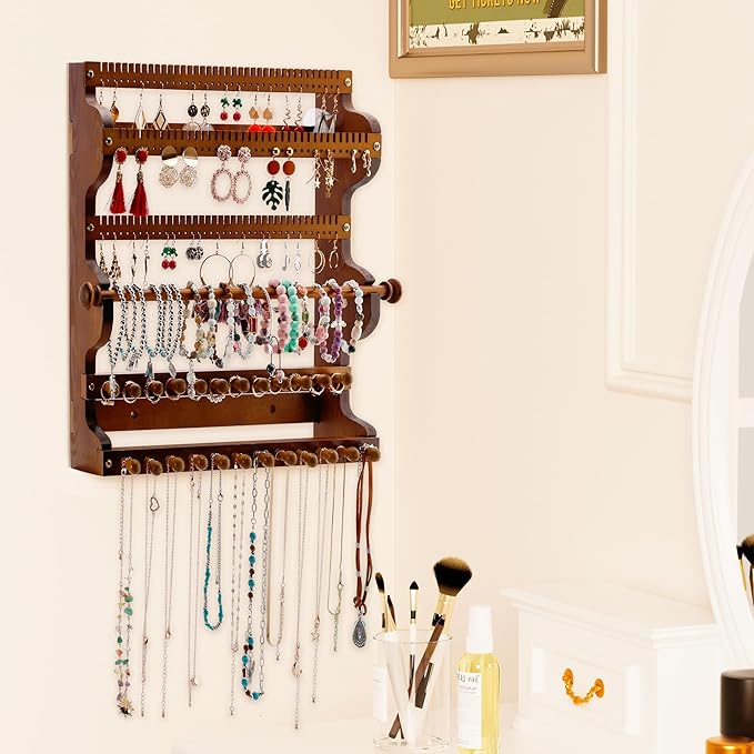 Wall Jewelry Organizer 6-Tier Bracelet Holder Jewelry Organizer Wall-Mounted Wooden Hanging Jewelry holder for Necklace Holder, Ring Display, & Earring Storage for Home or Gift
