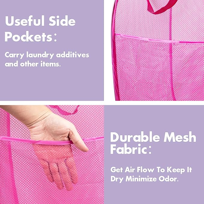 DUCOO Pop Up Hamper, 1 PCS Mesh Pop Up Laundry Hamper, Foldable Mesh Laundry Basket with Space-Saving Design for Home, Dorm, Travel & Storage - Pink