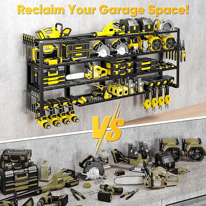 Extra Large 64" W Power Tool Organizer Wall Mount, Load 1000 lbs, Heavy Duty 4 Tier Garage Storage Rack with 8 Drill Holders, 2 in 1 Corner or Straight Installation, Gift for Men
