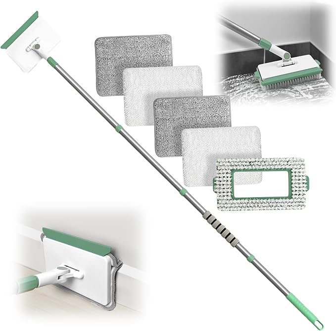 Baseboard Cleaner Tool with Handle, Wall Cleaner Mop with 54.7'' Adjustable Long Handled 1 Scrubber Brush Mop Head and 4 Reusable Cleaning Pads for Baseboards Cleaning, Ceiling, Skirting Board