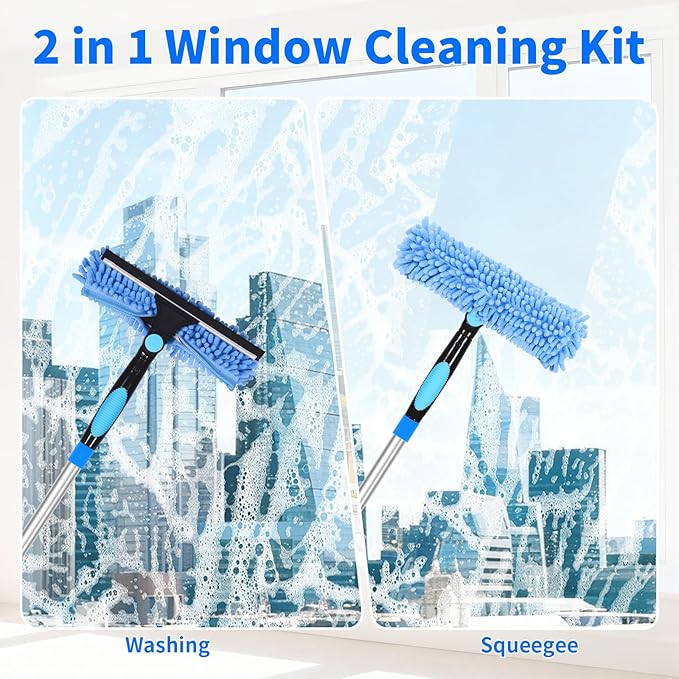 12.2FT/3.7M Window Cleaning Tools, Professional 2 in 1 Window Cleaner Tool Kit, 2 in 1 Extendable Squeegee Window Cleaner for high Windows, Car, Glass