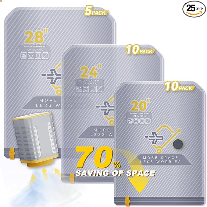25-Pack Vacuum Bags for Travel with Wireless Rechargeable Pump, Carry-on Size Compression Packing Bags for Luggage & Suitcase, Space Saver for Clothes & Clothing, 25 Combo Travel Size, Fast 3S Vacuum
