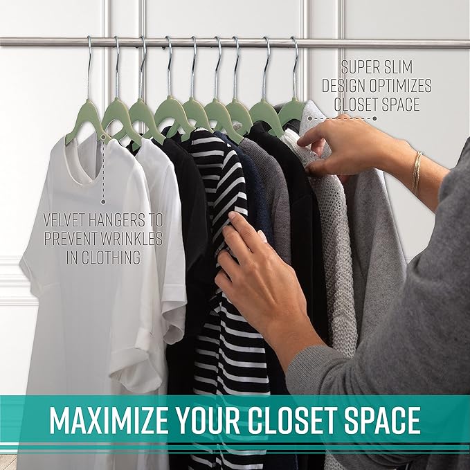 Simplify Slim Velvet Clothes Hangers | 25 Pack | Non-Slip | Shirts | Suit | Pants | Dresses | Garments | Closet Storage & Organization | Durable | Sage