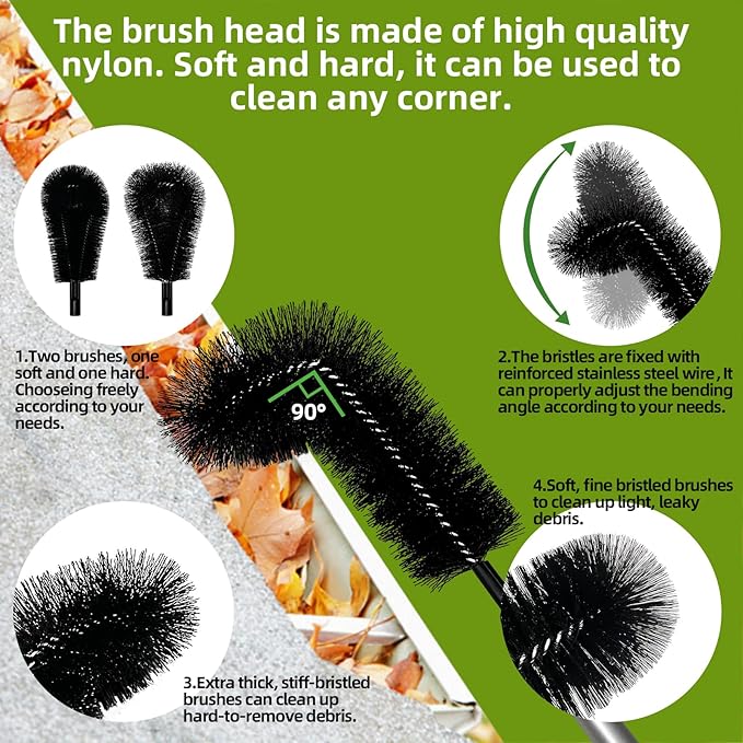 13FT Gutter Cleaner Tools, Long-Reach Rain Gutter Cleaning Brush, Removes Leaf Debris from Roof Gutters Without a Ladder, Leaf Cleaning Kit with 2 Brushes and Storage Bag, Black