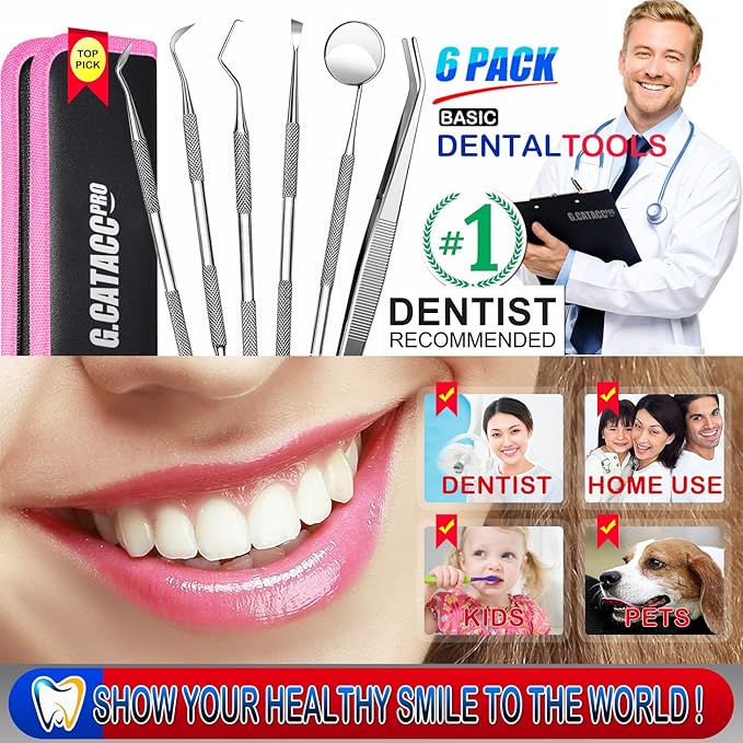 G.CATACC Dental Tools, Dental Pick Teeth Cleaning Tools Hygiene Kit, Plaque Remover for Teeth, Professional Stainless Steel Tooth Scraper Plaque Tartar Cleaner - with Case