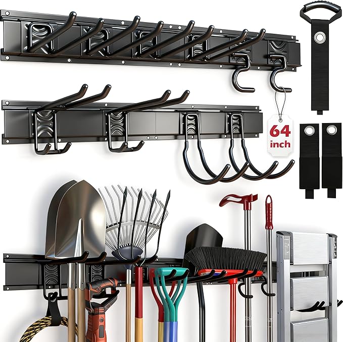 SEDY 64" Heavy Duty Garage Storage Tool Organizer Wall Mount - Tool Rack with Adjustable Hooks, Anti-Rust, 300lbs Capacity - Easy Installation (10 Hooks, 4 Rails, 3 Straps)